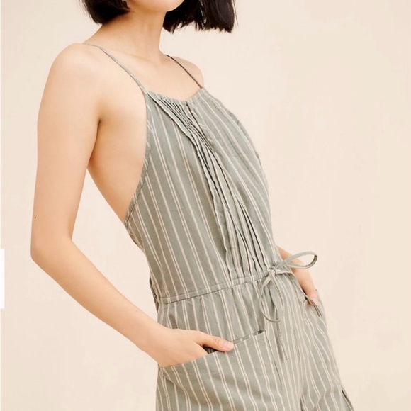 Free People Faded Sage Green and cream striped Verona Jumpsuit with barrel pants - Picture 4 of 8